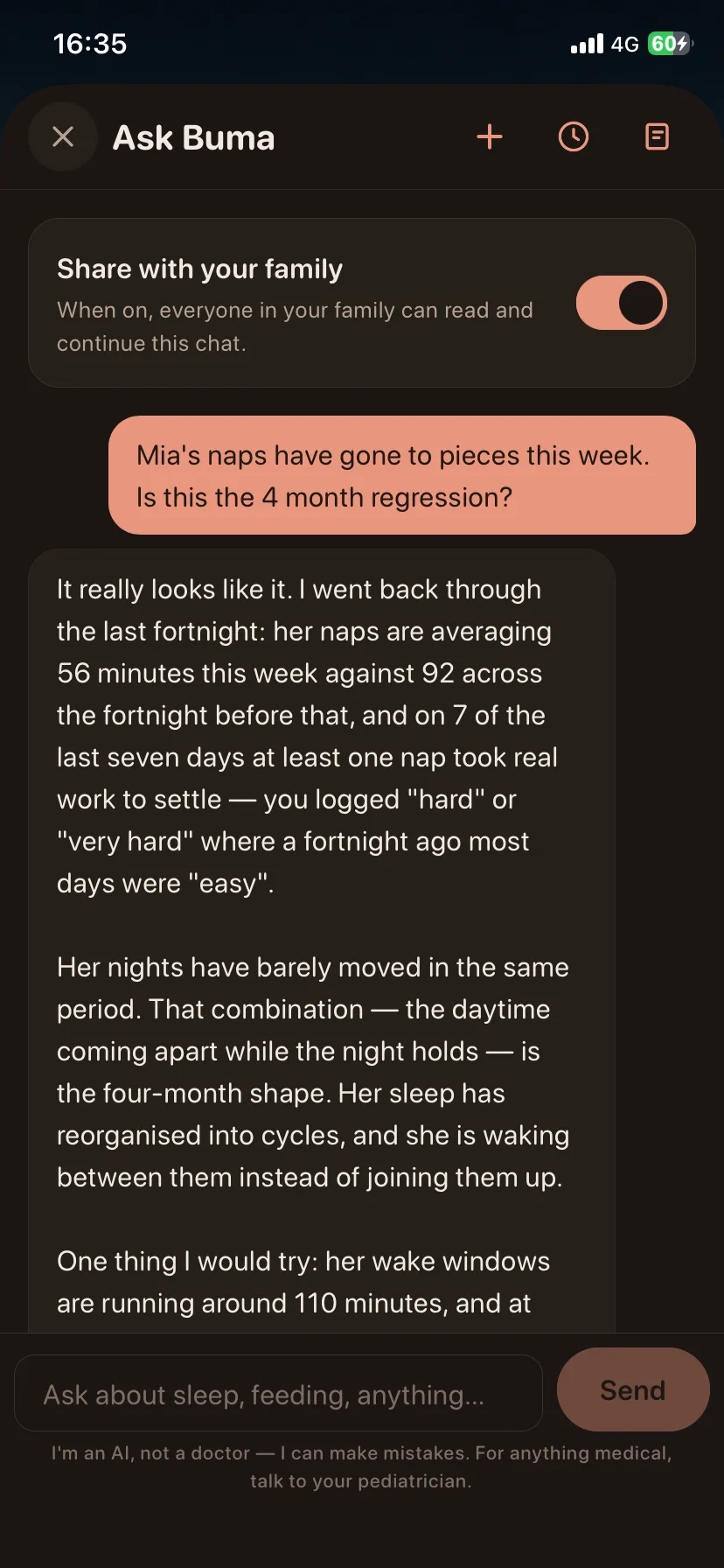 Ask Buma answering a question about a four-month sleep regression, quoting the baby's own nap averages for the week against the fortnight before, above a line saying it is an AI rather than a doctor