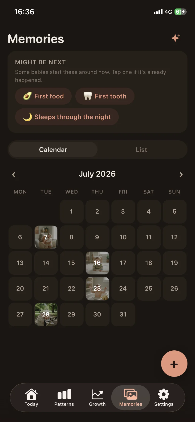 Buma's Memories screen: a "Might be next" card suggesting first food, first tooth and sleeping through the night, above a July calendar with photographs sitting on the days they were taken