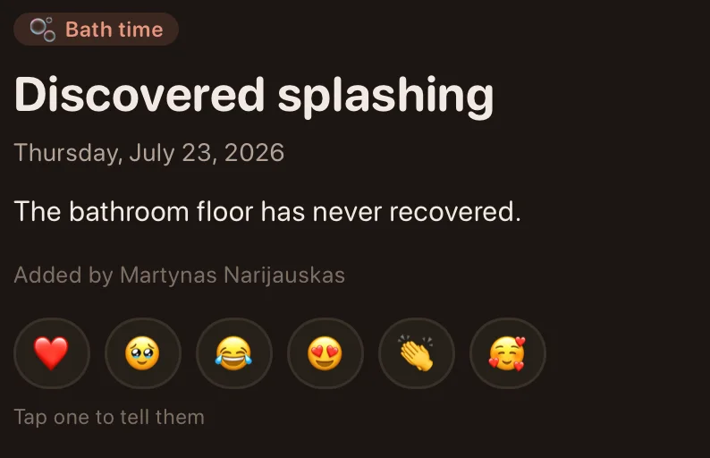 A memory in Buma: the title "Discovered splashing", the date, a one-line caption, who added it, and a row of six reactions under the words "Tap one to tell them"