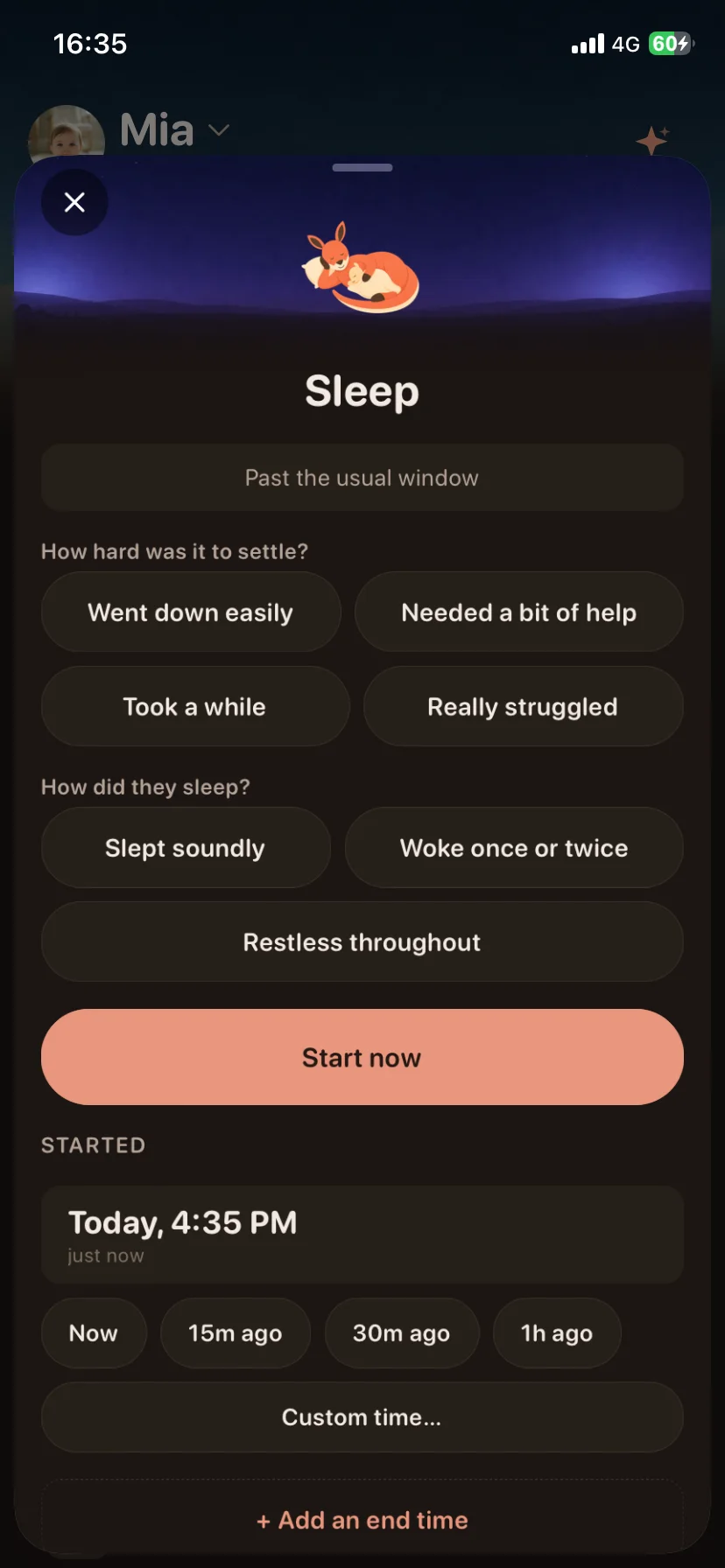 Buma's sleep sheet: a choice of how hard it was to settle, from "Went down easily" to "Really struggled", a choice of how they slept, a Start now button, and quick options for 15 minutes, 30 minutes or an hour ago