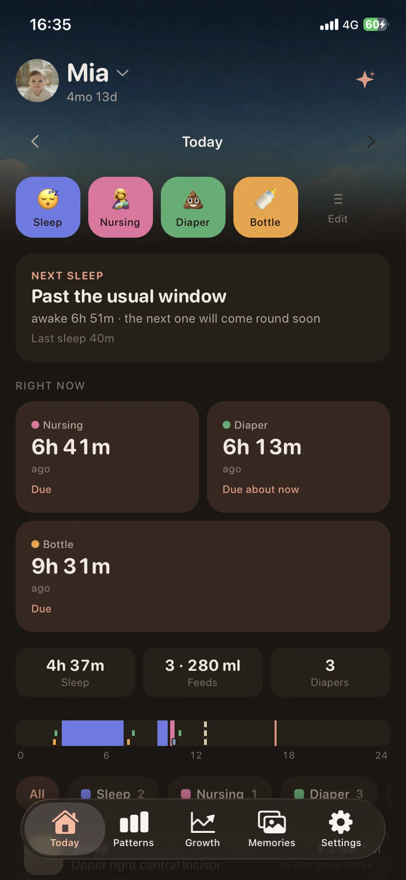 Buma's Today screen: four quick-log buttons, a next-sleep card reading "Past the usual window", cards counting the time since the last nursing, nappy and bottle, the day's totals, and a 24-hour strip of colour-coded entries